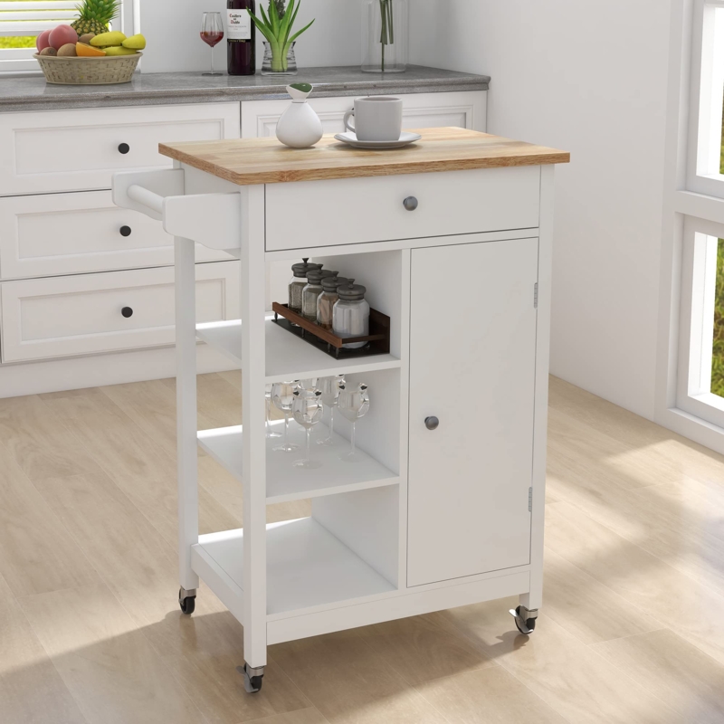 Kitchen Cart Narrow White Mixed Storage Wood Top Towel Bar