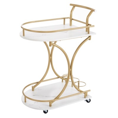 Kitchen Cart Two Tier Polished Finish with Marble Pattern Shelves