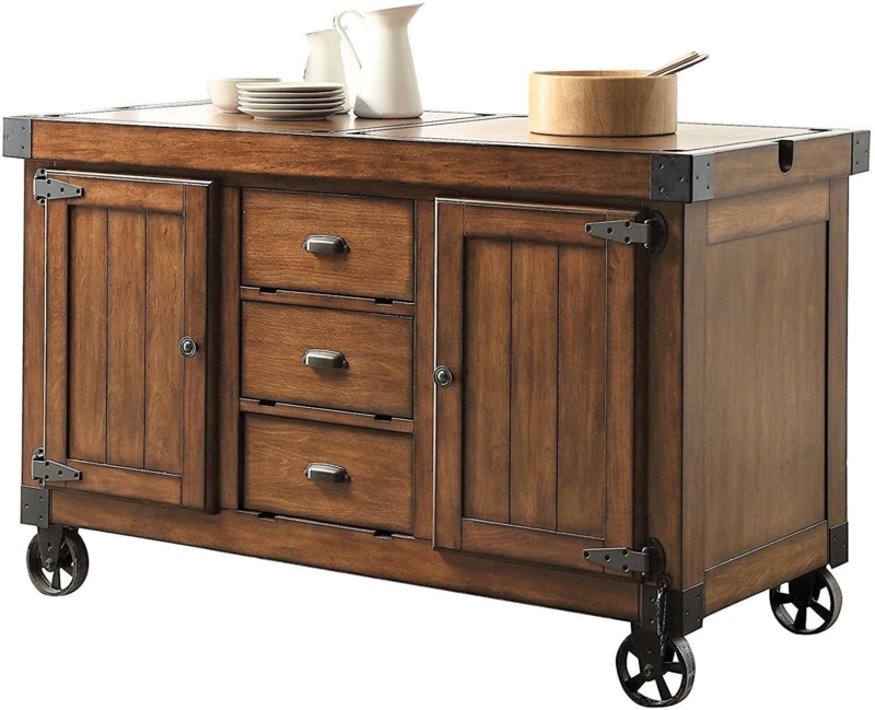 Kitchen Cart Warm Tobacco Finish Industrial Casters Rolling Wood Storage