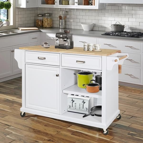 Kitchen Cart White Wood Top Glass Doors Bottle Rack Mobile Storage