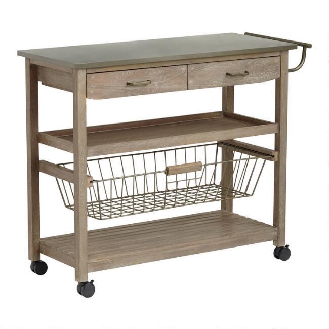 Kitchen Cart Whitewashed Wood Finish Dark Steel Frame Industrial Tiered