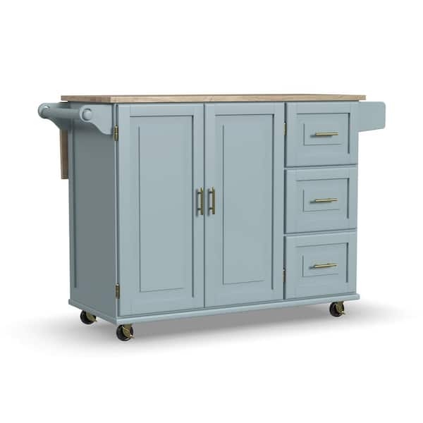 Kitchen Cart with Side Spice Rack, Natural Wood Top, and Light Blue Finish