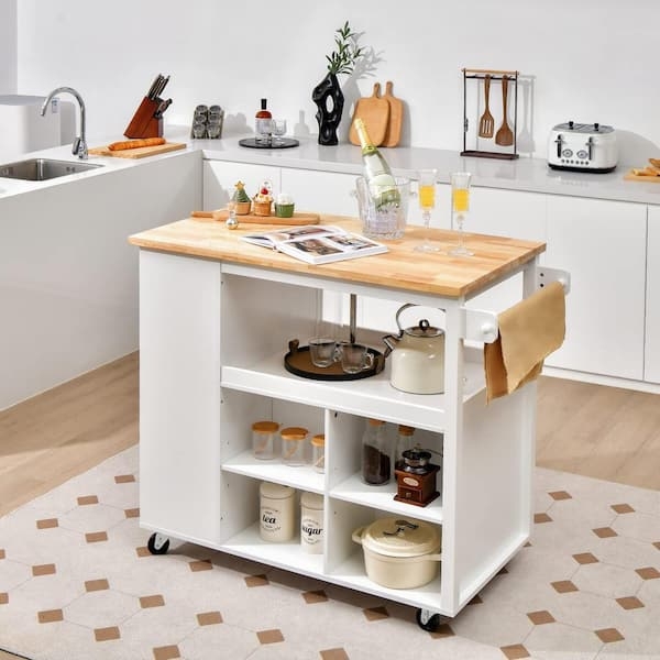 Kitchen Cart with Slatted Shelves, White Finish, Wood Top & Utility Hooks