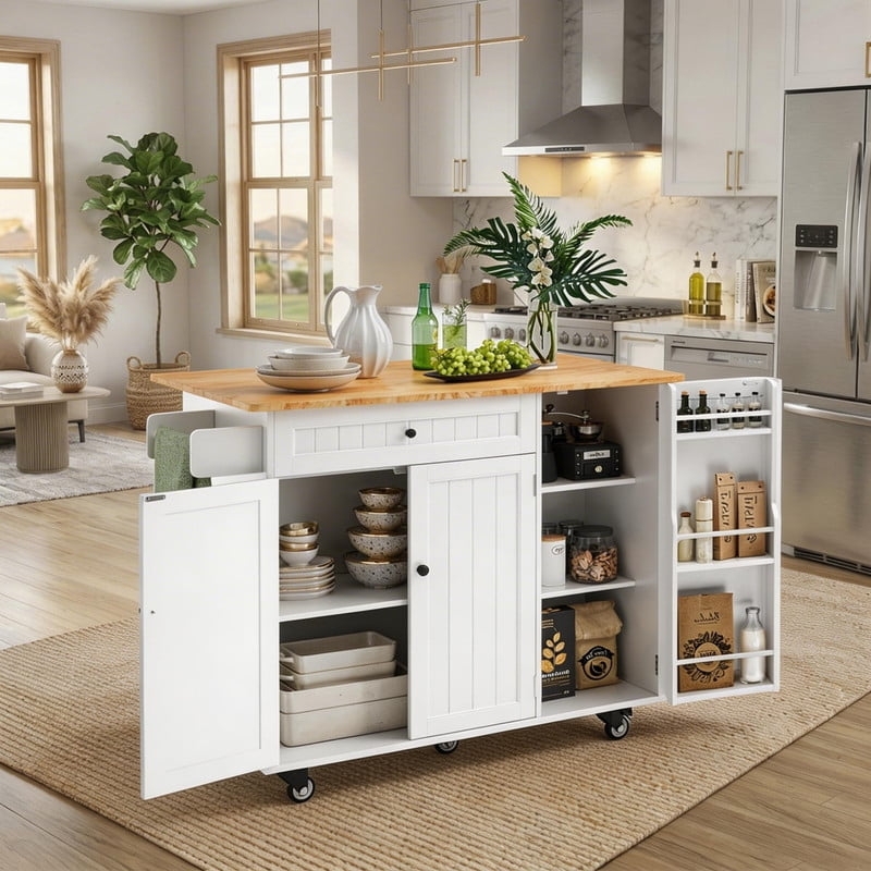Kitchen Cart With Spice Rack Towel Bar Wood Top Wheels