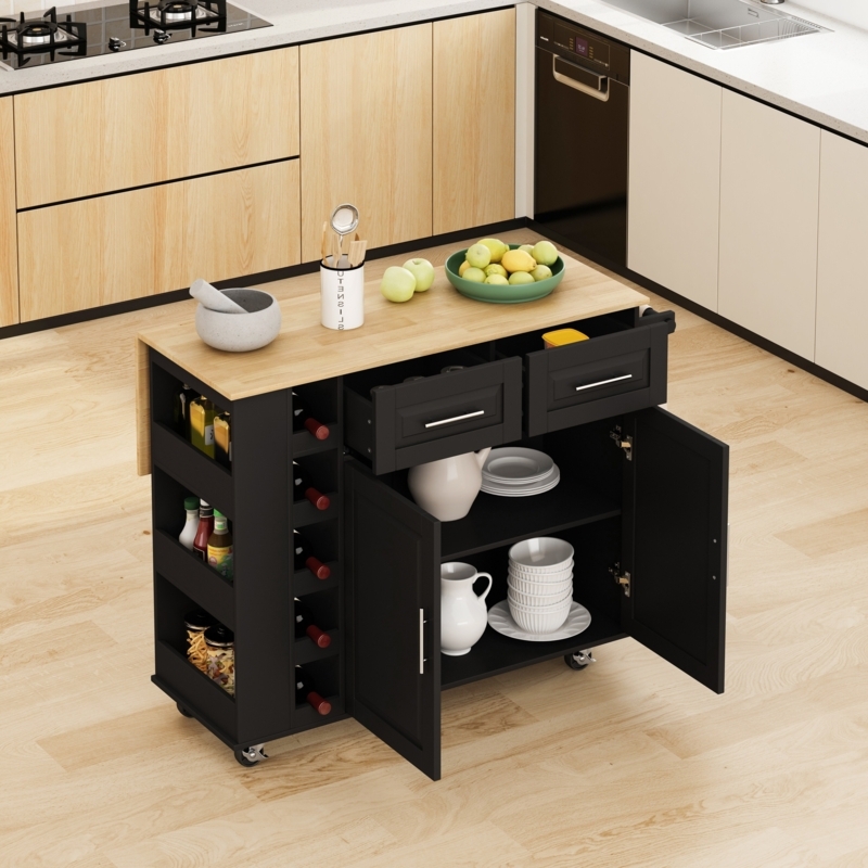 Kitchen Cart with Wine Storage Cubby, Drop Leaf & Shaker Doors