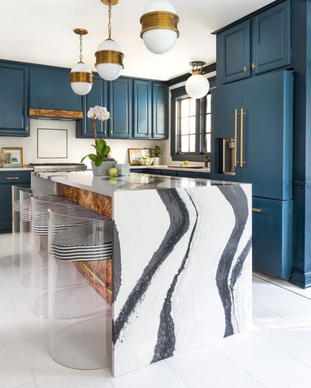 Kitchen Dark Teal Cabinets Panda Marble Waterfall Island