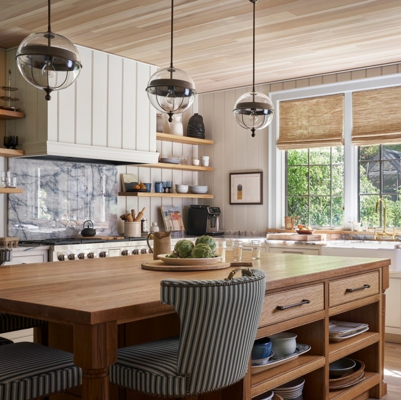 Kitchen Design: Exposed Ceiling Beams, Wood Topped Island