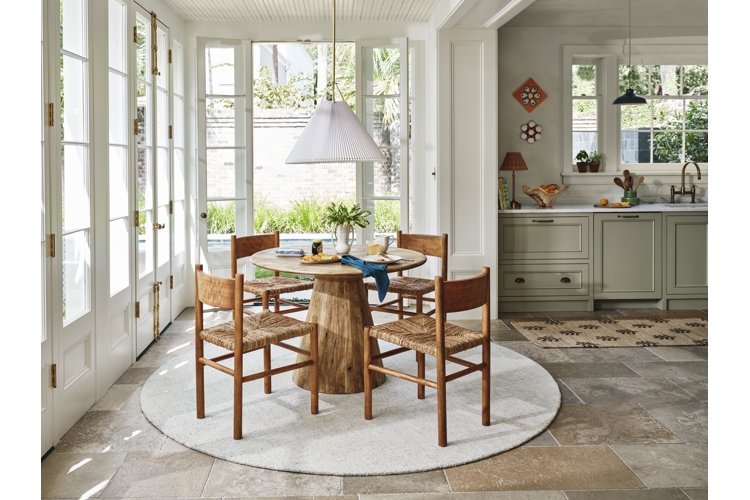 Kitchen Design Wood Range Hood Woven Pendants Open Shelving