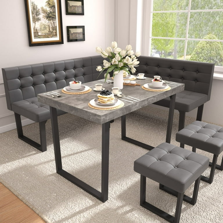Kitchen Dining Set Gray Upholstered L-Shaped Banquette Corner Nook