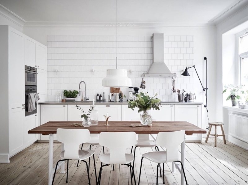 Kitchen Dining Set: Round Wood Table, Spindle Chairs, White Brick Wall
