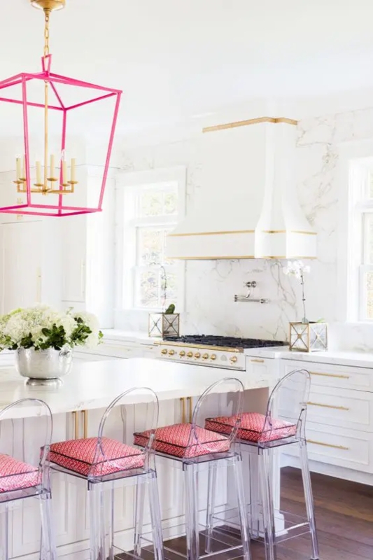 Kitchen Glam White Gold Hot Pink Chandelier Lucite Stools