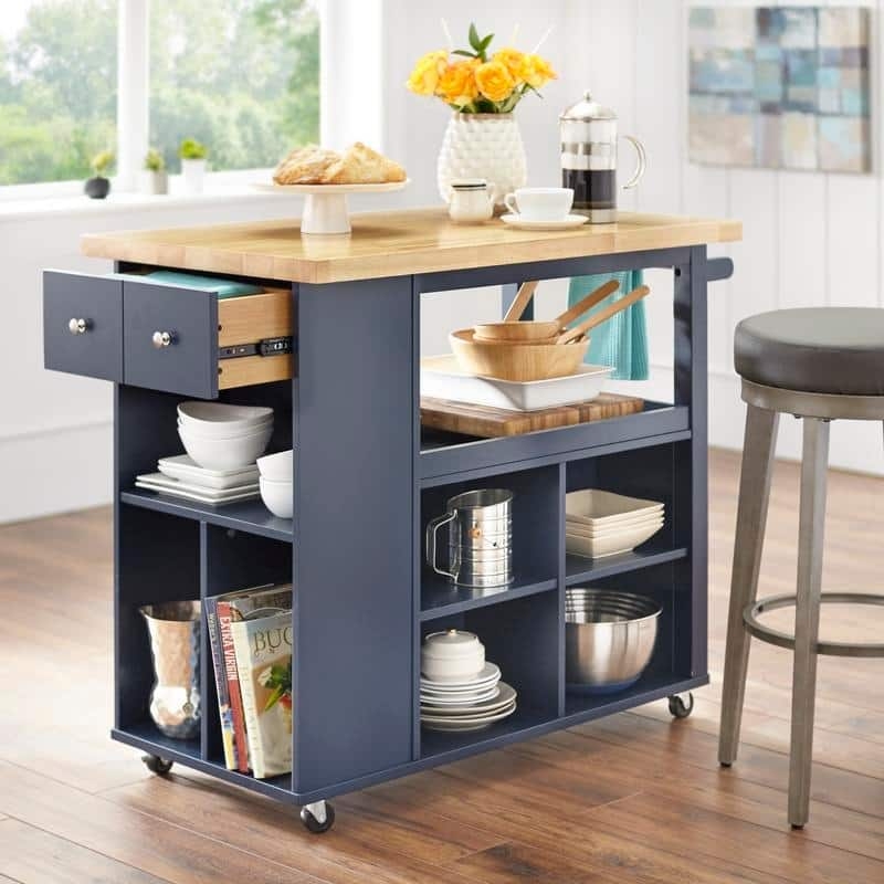 Kitchen Island Black and Wood Contrast Slatted Storage Industrial Cart