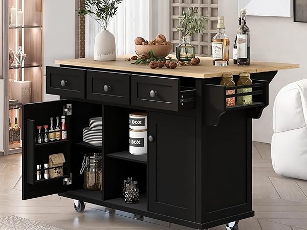 Kitchen Island Black Drop Leaf Cart with Storage Drawers