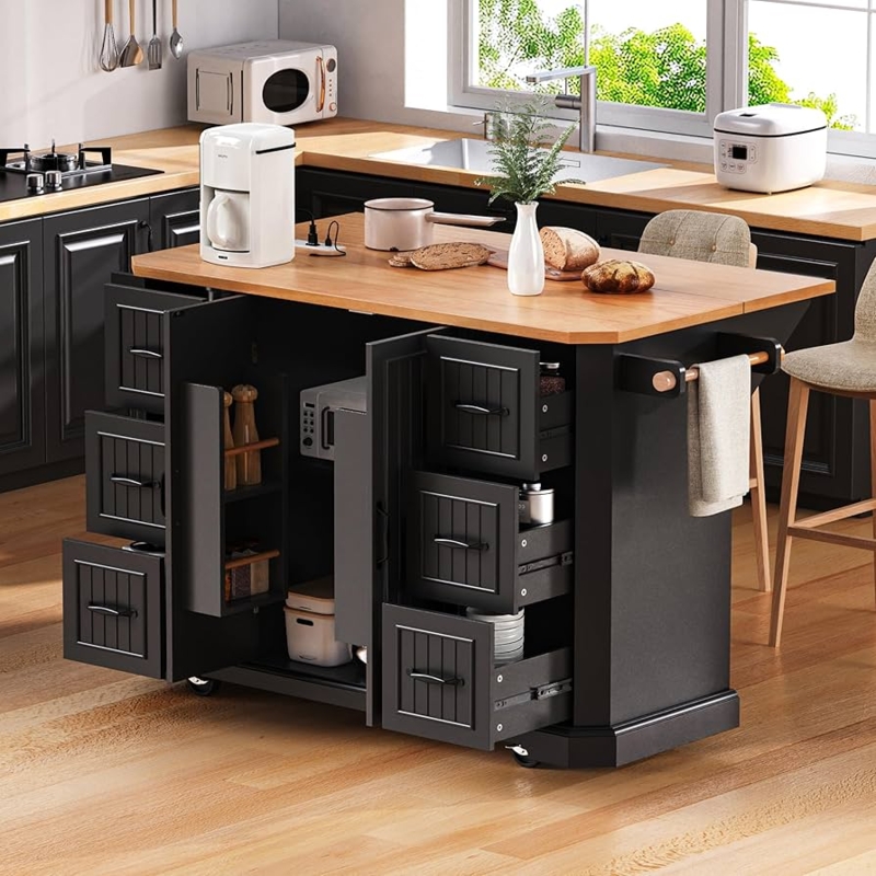 Kitchen Island Black Embossed Stripes Built-in Outlet Modern Cart
