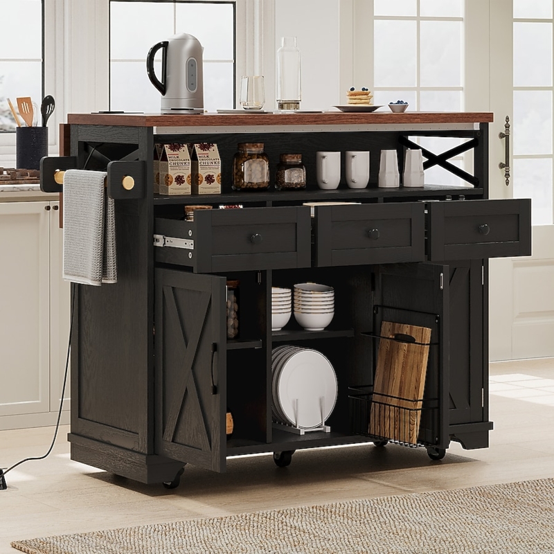 Kitchen Island Black Farmhouse Cart with Drop Leaf & Beadboard