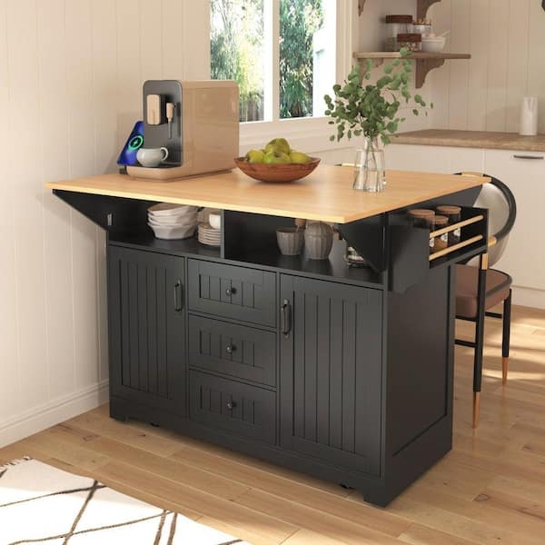 Kitchen Island Black Matte Shaker Doors Drop Leaf Prep Station