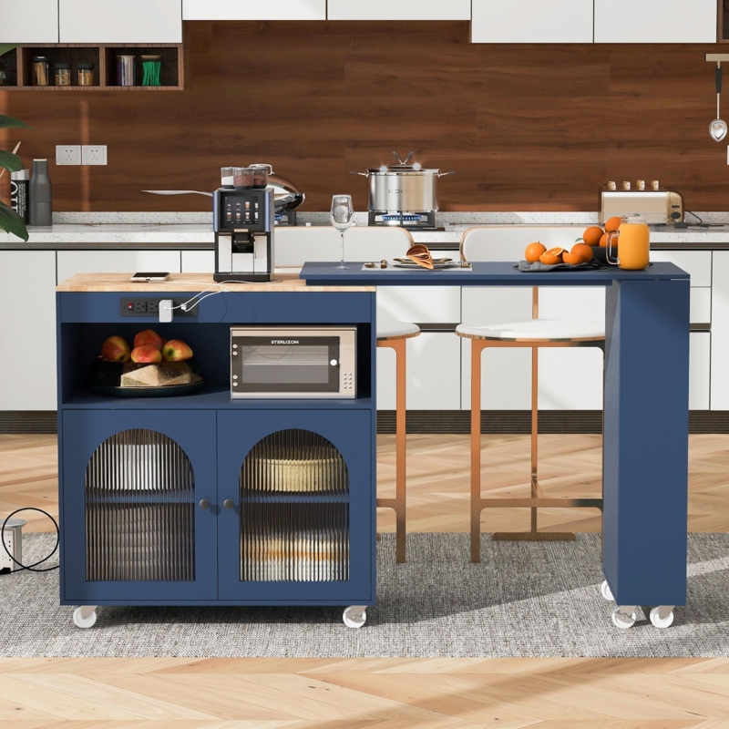 Kitchen Island Black Rolling Cart Power Outlets Drop Leaf