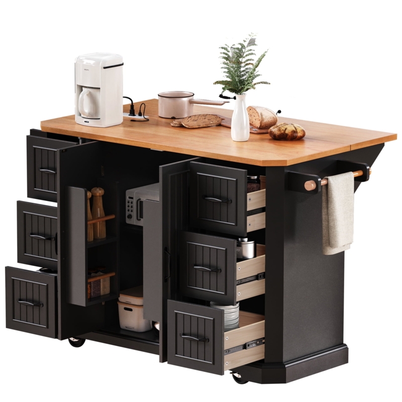 Kitchen Island Black Six Drawers Power Outlet Drop Leaf Cart