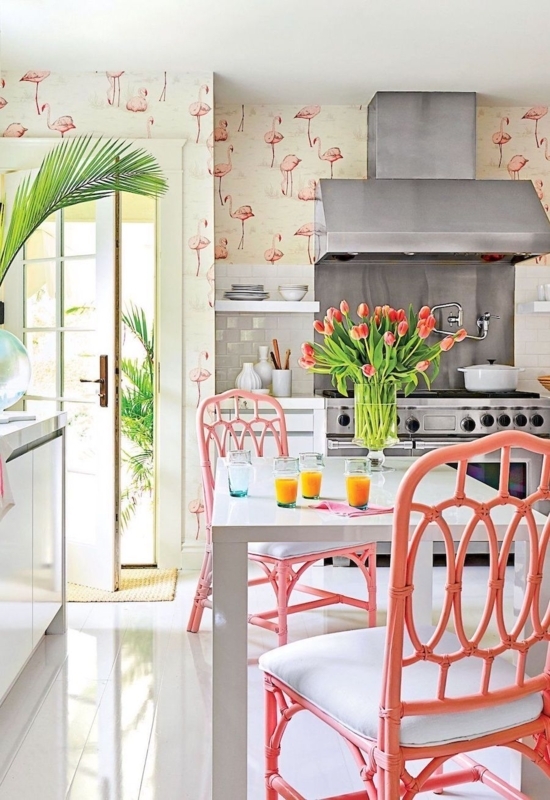 Kitchen Island Blue Gray with Rattan Stools and Flamingo Wallpaper