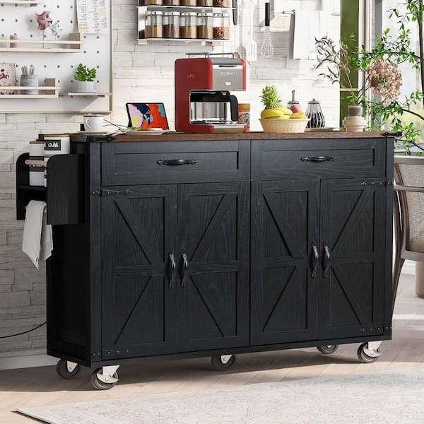 Kitchen Island Butcher Block Top with Slatted Shelving & Casters