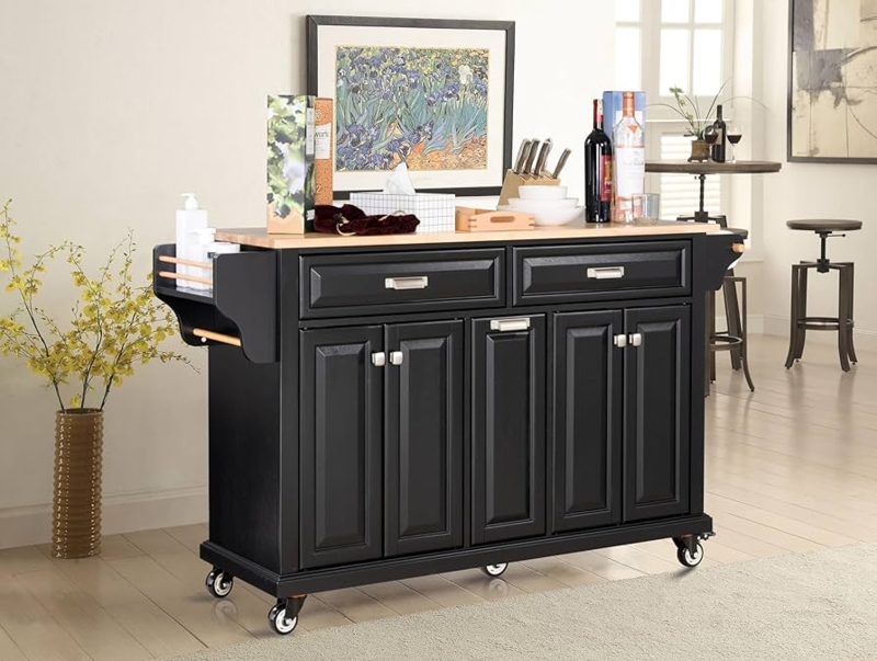 Kitchen Island Cart Black Rolling with Spice and Towel Racks