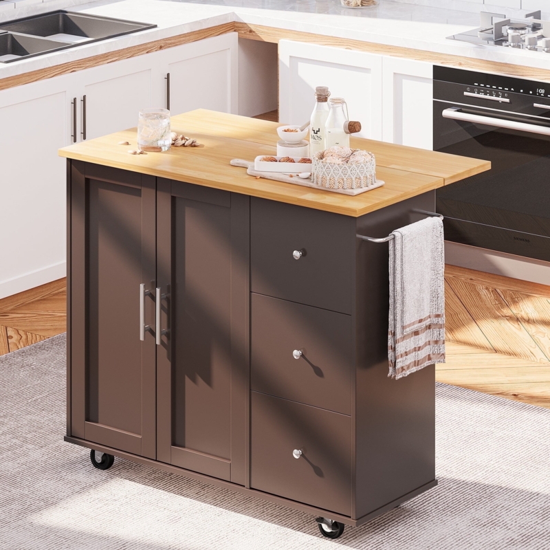 Kitchen Island Cart Coastal Style Three Drawers Wood Top