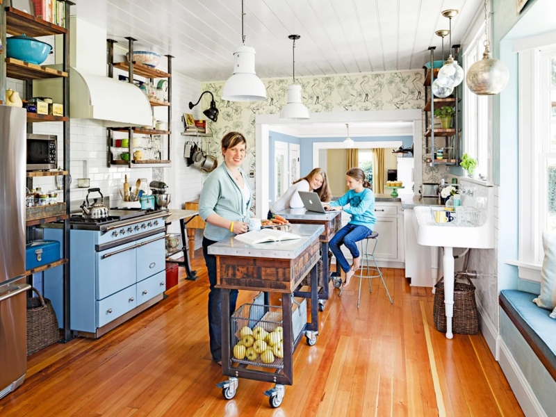 Kitchen Island Cart Dark Wood Top Slatted Shelves Casters