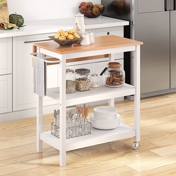 Kitchen Island Cart Drop Leaf White Wood Top Rolling Utility
