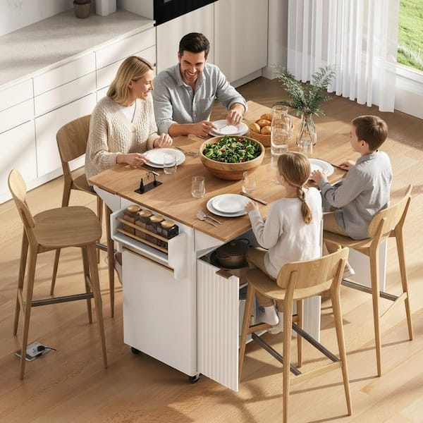 Kitchen Island Cart featuring Curved Edge Drop Leaf and Outlets