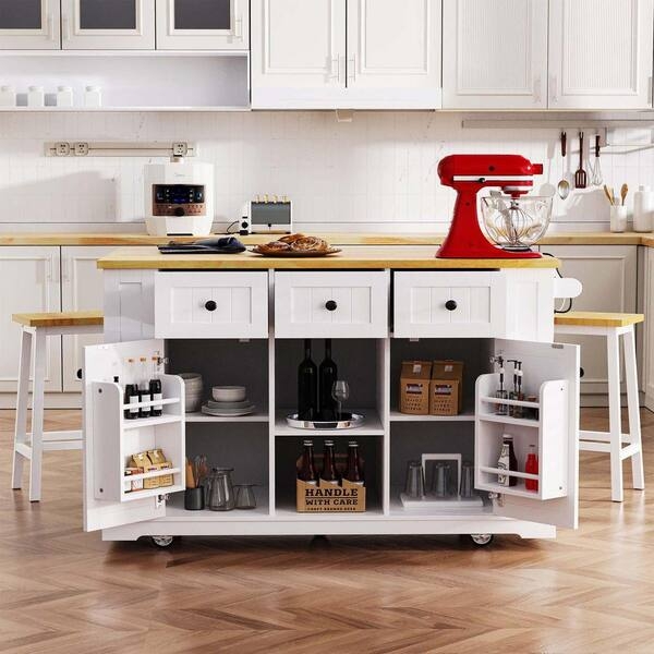 Kitchen Island Cart featuring Five Open Side Racks and Cup Pulls, White