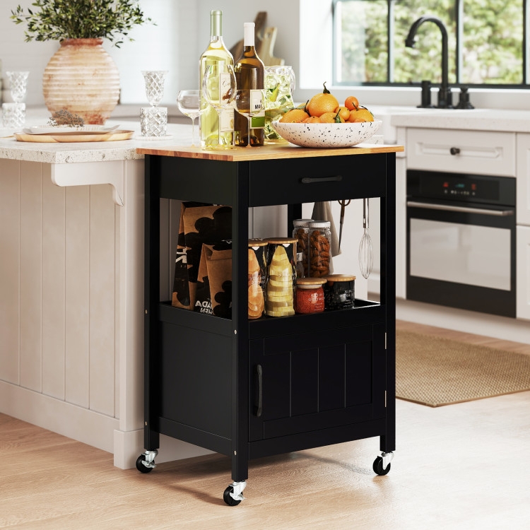 Kitchen Island Cart Featuring Side Hooks & Slatted Shelf Storage