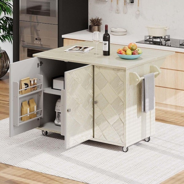 Kitchen Island Cart in Pale Yellow with Drop Leaf & Side Racks