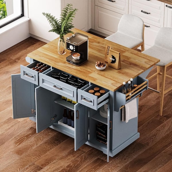Kitchen Island Cart, Large Wood Top, Drop Leaf, Four Doors, Casters