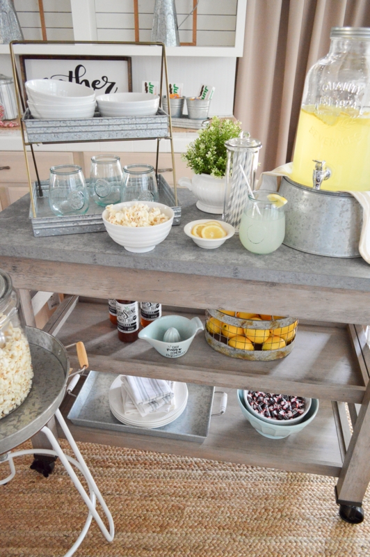 Kitchen Island Cart Light Blue-Gray Mobile Slat Shelf Wood Top