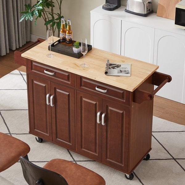 Kitchen Island Cart Metallic Top Slatted Shelves Locking Casters