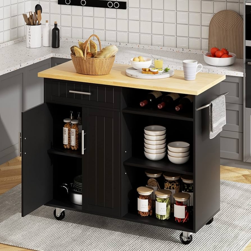 Kitchen Island Cart Mobile Black with Wood Top and Side Shelves