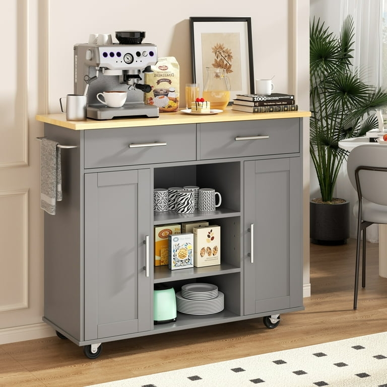 Kitchen Island Cart, Mobile Trolley with Wood Top, Mixed Storage