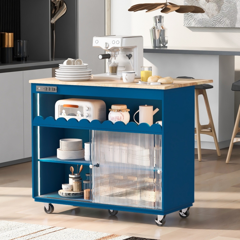Kitchen Island Cart Navy Blue Rolling with LED Lighting & Power