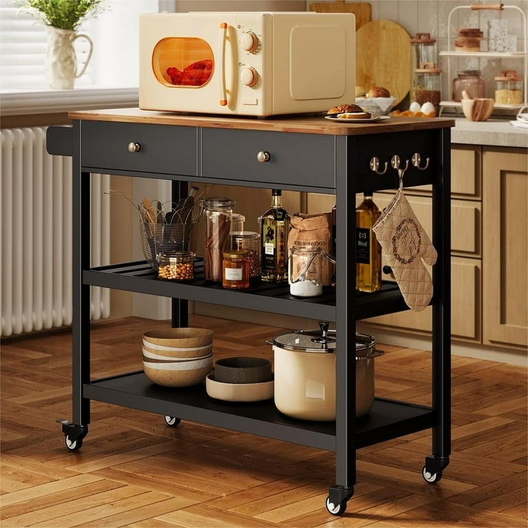 Kitchen Island Cart Slatted Middle Shelf with Butcher Block Top