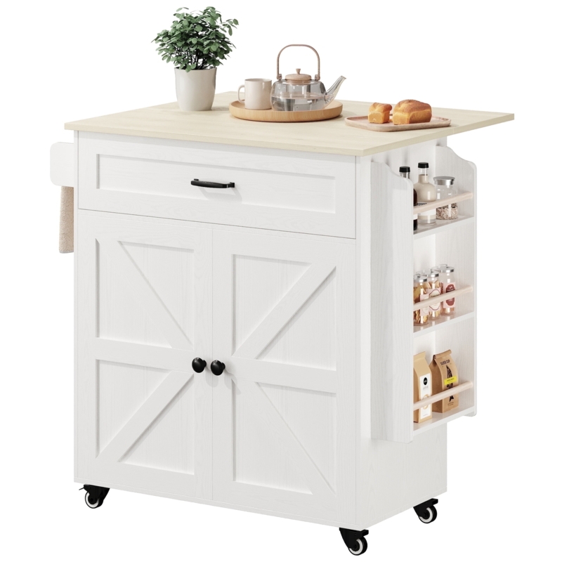 Kitchen Island Cart Small Black Drop Leaf with Side Spice Rack