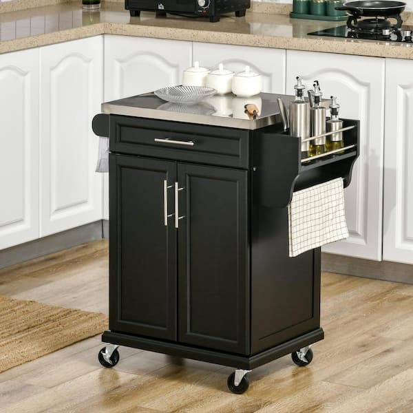 Kitchen Island Cart Stainless Steel Top with Matte Black Finish