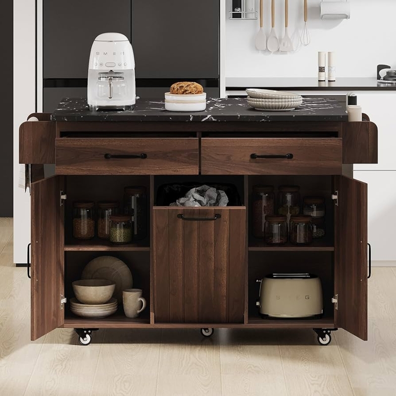 Kitchen Island Cart Tilt Out Trash Bin Drop Leaf Walnut