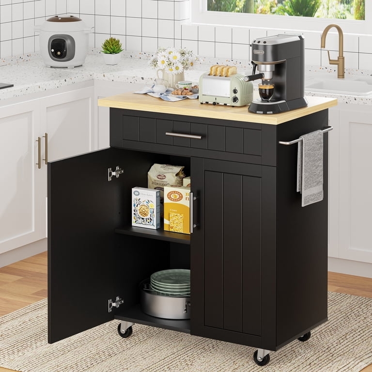Kitchen Island Cart Two-Door Cabinet with Top Drawer & Silver Hardware