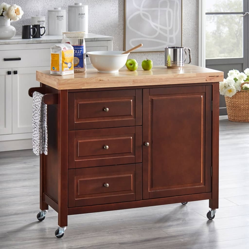 Kitchen Island Cart Two Tone Black with Integrated Spice Rack Storage