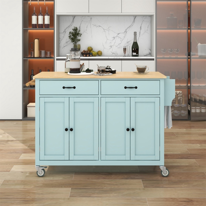Kitchen Island Cart, White, Side Spice Rack, Shaker Doors