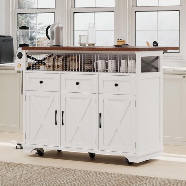Kitchen Island Cart White Transitional with Wire Basket & Outlet