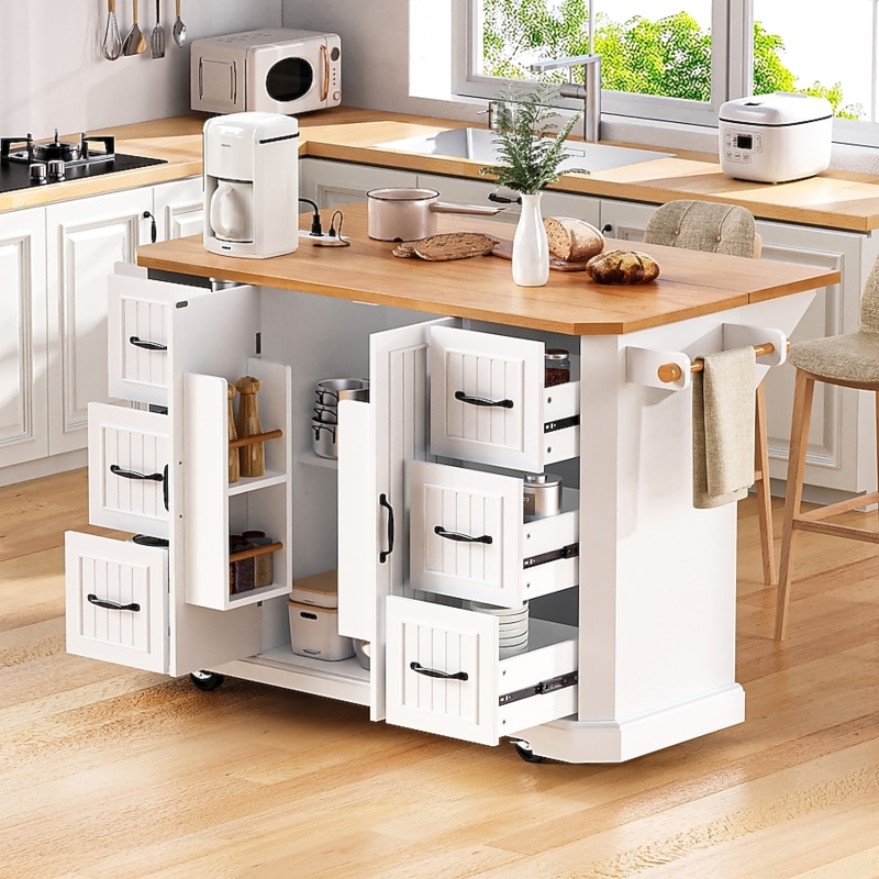 Kitchen Island Cart White Vertical Stripe Power Outlet Drop Leaf