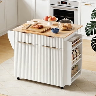 Kitchen Island Cart White with Integrated Spice Rack and Drop Leaf
