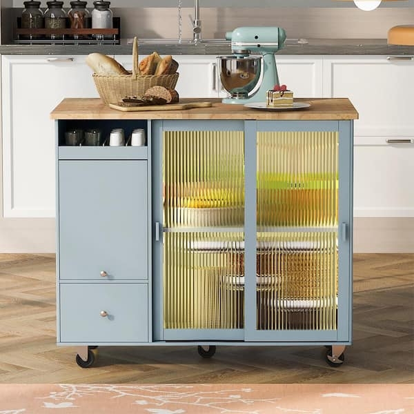 Kitchen Island Cart with Blue LED Lighting, Drop Leaf, and Glass Doors