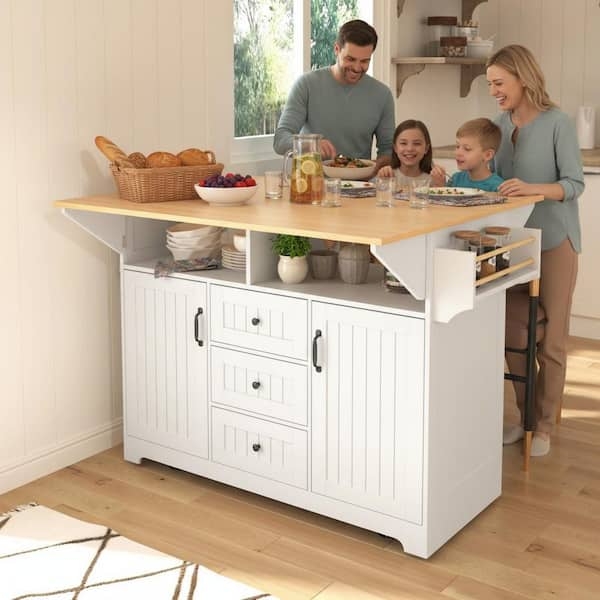 Kitchen Island Cart with Double Drop Leaf and Power Outlet White